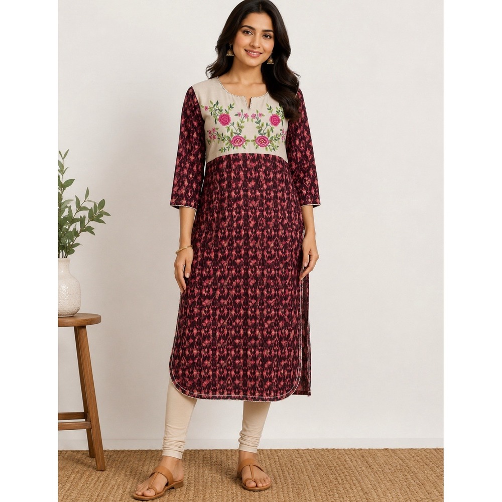 Embroidered Floral Kurti Tunic Woven Dress Side Slits Boho India Women's XL